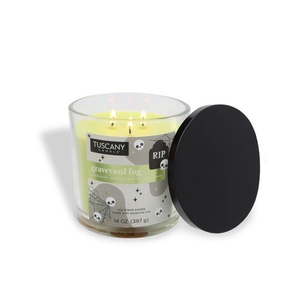 TUSCANY Candle Graveyard Fog Halloween Essential Oils 14 Oz Ltd Ed. Leaves - Picture 2 of 2